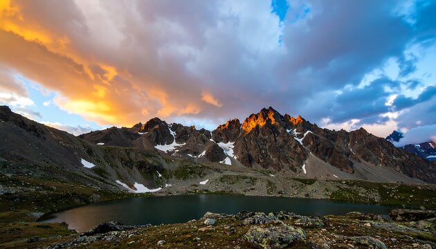 Majestic mountain range at sunset over a serene alpine lake - Powered by Adobe