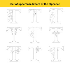 Set of Nine Decorative Uppercase Letter T Designs with Flourishes and Leaf Motifs uppercase T alphabet