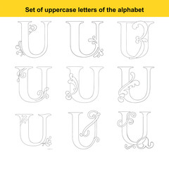 Nine Variations of the Uppercase Letter U with Elegant Floral and Swirl Decorations uppercase U alphabet