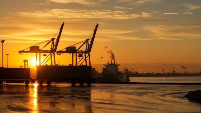 Cargo transport at sunset silhouette of cranes and vehicle at port terminal