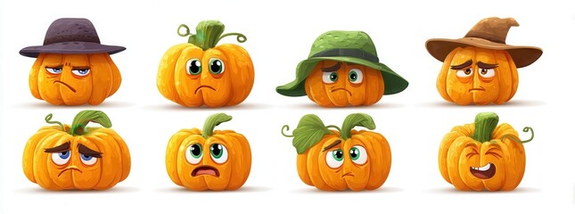 halloween pumpkins set with different emotions isolated on white background