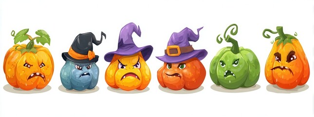 halloween pumpkins set with different emotions isolated on white background