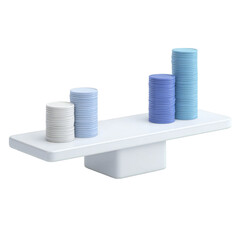 A conceptual illustration of a balance scale with stacks of cylinders representing different values or quantities, isolated on transparent background