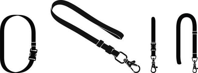 Set of lanyard strap silhouette vector, ID badge holder clip design, black keychain neck strap icon, safety buckle illustration