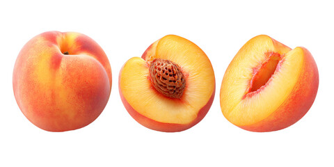 Whole peach, half with seed and peach slice isolated on transparent background, showing the ripe pulp and the seed