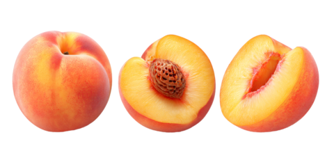 Whole peach, half with seed and peach slice isolated on transparent background, showing the ripe pulp and the seed