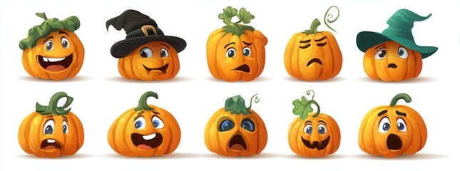 Naklejka premium halloween pumpkins set with different emotions isolated on white background