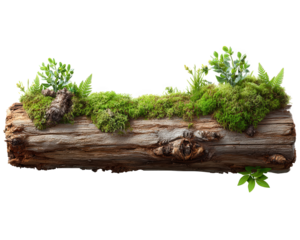Mossy wooden log with green plants, ferns, and textured bark, nature element, photorealistic, isolated on white, fresh and vibrant forest atmosphere