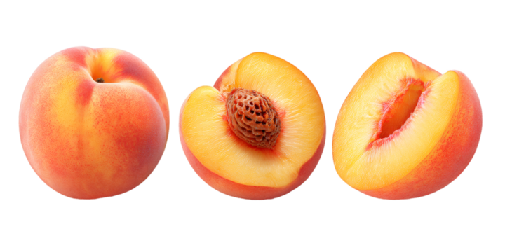 Whole peach, half with seed and peach slice isolated on transparent background, showing the ripe pulp and the seed