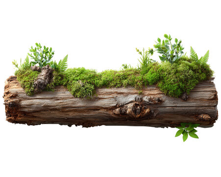 Mossy wooden log with green plants, ferns, and textured bark, nature element, photorealistic, isolated on white, fresh and vibrant forest atmosphere
