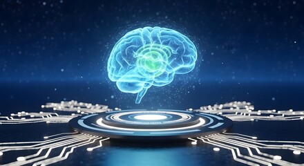 3D Wireframe Brain Hologram Artificial Intelligence Floating Above a Glowing Digital Interface in a Futuristic Blue Horizon Space