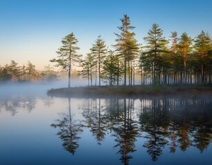 Obraz premium pine trees reflected in the still waters of a foggy lake at sunrise