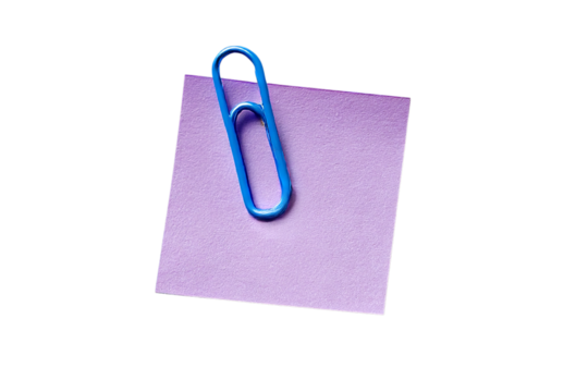 Purple paper note with blue paper clip isolated on white isolated on transparent background