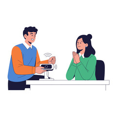 Digital Connection: A vector illustration showcasing a moment of virtual communication, a man interacting with a woman through a web camera, capturing the essence of modern communication.