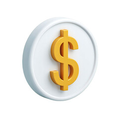 Obraz premium Golden dollar sign on a white circular coin, isolated on transparent background, representing finance, currency, and wealth