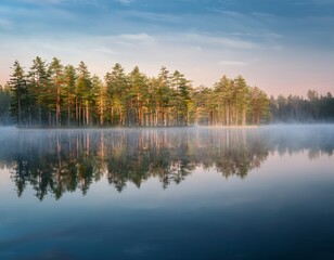 pine trees reflected in the still waters of a foggy lake at sunrise