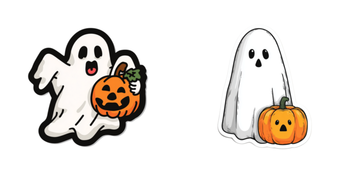 Halloween Ghost with Pumpkin Sticker – Creepy Vector with Thick Black Outline and Vibrant Colors Isolated on Transparent PNG Background