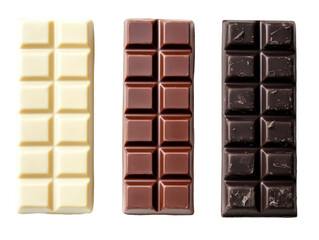 Obraz premium A Rich Display of Chocolate Varieties: White, Milk, and Dark Chocolate Bars Showcasing Textures and Colors for Sweet Enthusiasts. png, isolated on white background