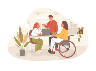 A professional woman with a disability working intently at her laptop in an accessible office. Vector illustration highlights equal employment opportunities and a supportive workplace