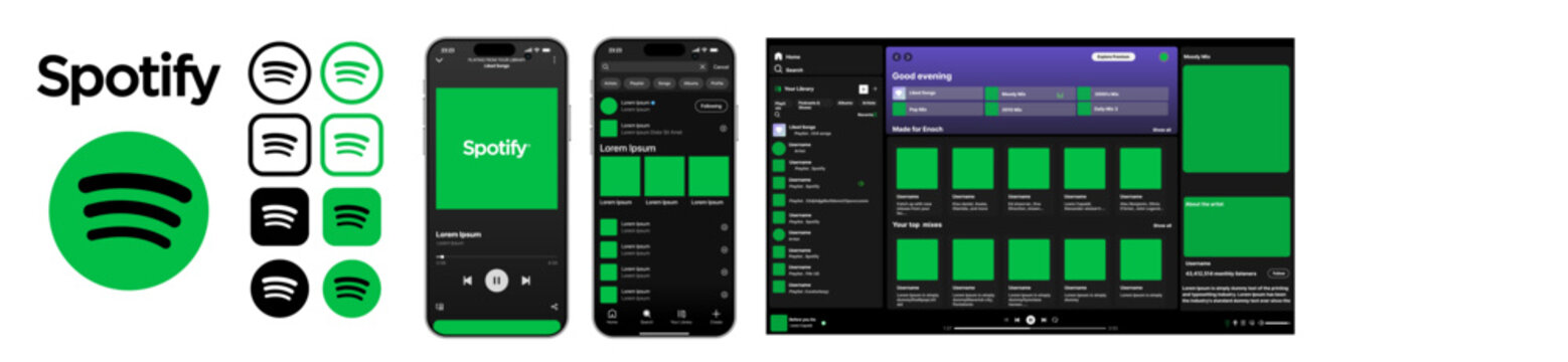 Spotify interface. Social media pages mockup template. Editorial mockup of Spotify interface. Music platform. Spotify music platform interface mockup. White background. Vector icons.