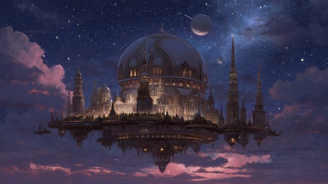 Ethereal Floating Palace in the Celestial Cosmos at Night - Powered by Adobe