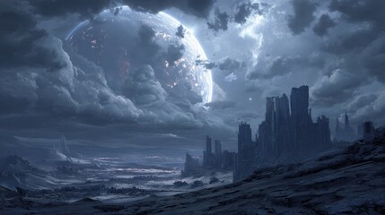 Celestial Storm Over a Ruined City with Dramatic Skies and Landscape