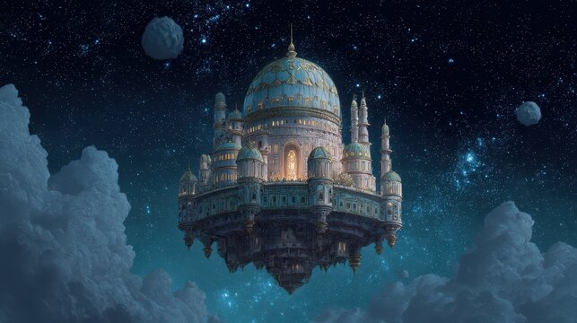 Floating Celestial Palace in the Vast Cosmos with Stars and Clouds