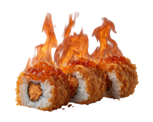 Spicy sushi roll crispy coating real fire torching Japanese cuisine rice seafood dramatic hot delicious isolated on transparency background