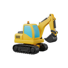Bright yellow toy excavator with blue windows and black tracks isolated on transparent background