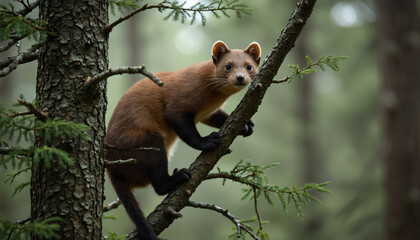 Fototapeta premium Pine Marten Climbing Tree Branch in Forest