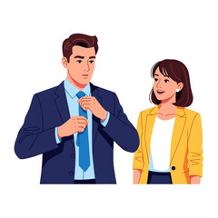 Corporate Duo: A dapper businessman in a sleek suit and tie preps for a professional rendezvous, engaging in an animated conversation with an equally sharp businesswoman in a yellow blazer.