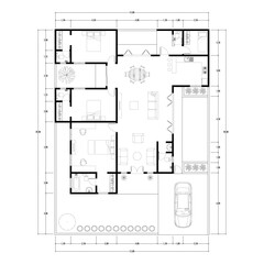 Black and White floor plan of a modern unfurnished house for your design. Suburban house vector blueprint. Architectural background.	