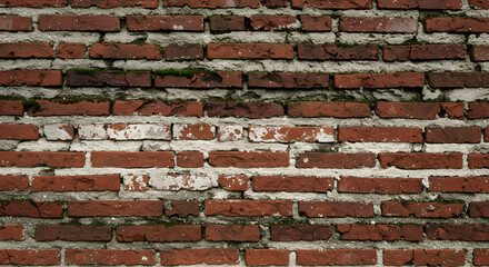 Rustic brick wall with weathered mortar, showcasing textures and subtle moss growth, capturing a sense of age and history with a close-up view and natural light, conveying a feeling of solidity.