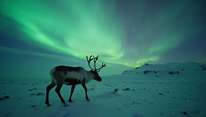 Reindeer in Snowfield Under Aurora Borealis