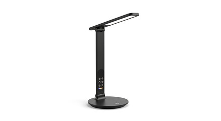 Black LED desk lamp with a circular base and adjustable arm, isolated on a white background.