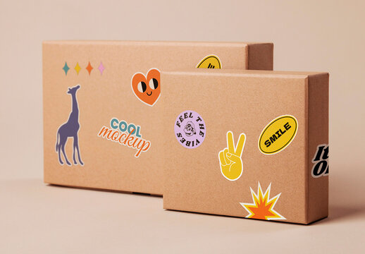 Cardboard Boxes with Stickers Mockup