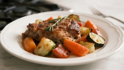 Grilled Pork Chop with Roasted Vegetables and Rosemary Garnish