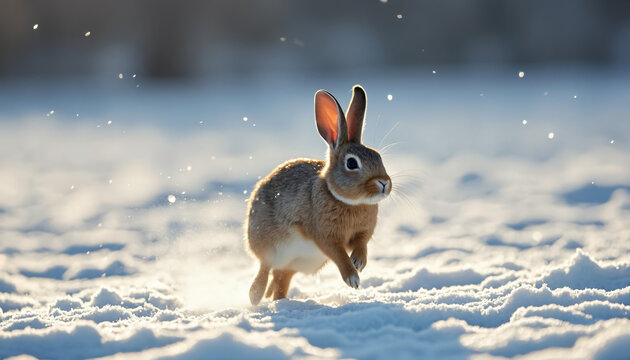 Running Rabbit in Snow-Covered Field