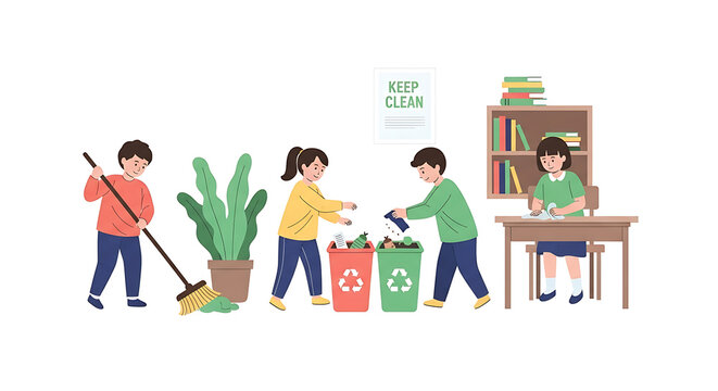Children actively participate in classroom cleanup, sorting recyclables and sweeping, promoting environmental responsibility.