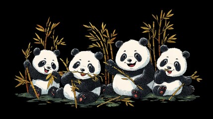 Fototapeta premium Cheerful Pandas Enjoying Bamboo in a Playful Setting