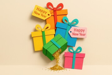 Festive new year gift boxes stack with various bright ribbons, labels and celebratory confetti decoration