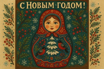 Russian nesting doll holiday art with intricate folk patterns pine and berries for festive new year card