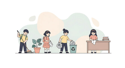 Children actively participating in environmental cleanup and responsible waste disposal.