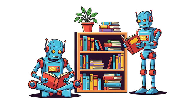 Two blue robots, seated and standing, are engrossed in reading books in a library setting.