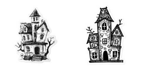 Haunted House Halloween Sticker – Creepy Vector with Thick Black Outline Isolated on Transparent PNG Background