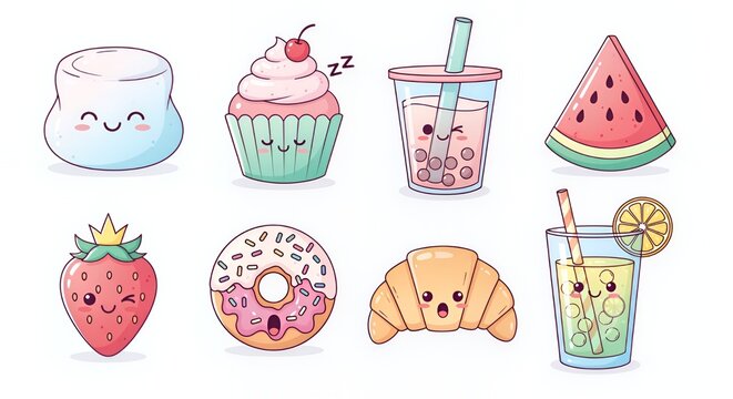 Adorable Kawaii Food Illustrations: Sweet Treats and Refreshing Drinks - Powered by Adobe
