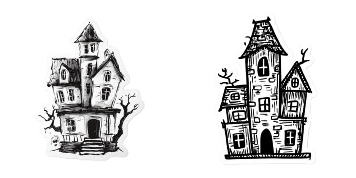 Haunted House Halloween Sticker – Creepy Vector with Thick Black Outline Isolated on Transparent PNG Background