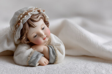 delicate figurine of baby jesus sits gracefully at center of minimalist scene