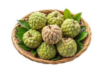 Obraz premium Custard apples in a wicker basket showing both green and ripe fruit
