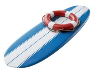 Blue surfboard with white stripes and red white lifebuoy, adventure sport equipment, safety, summer, beach, photorealistic, isolated on transparency background